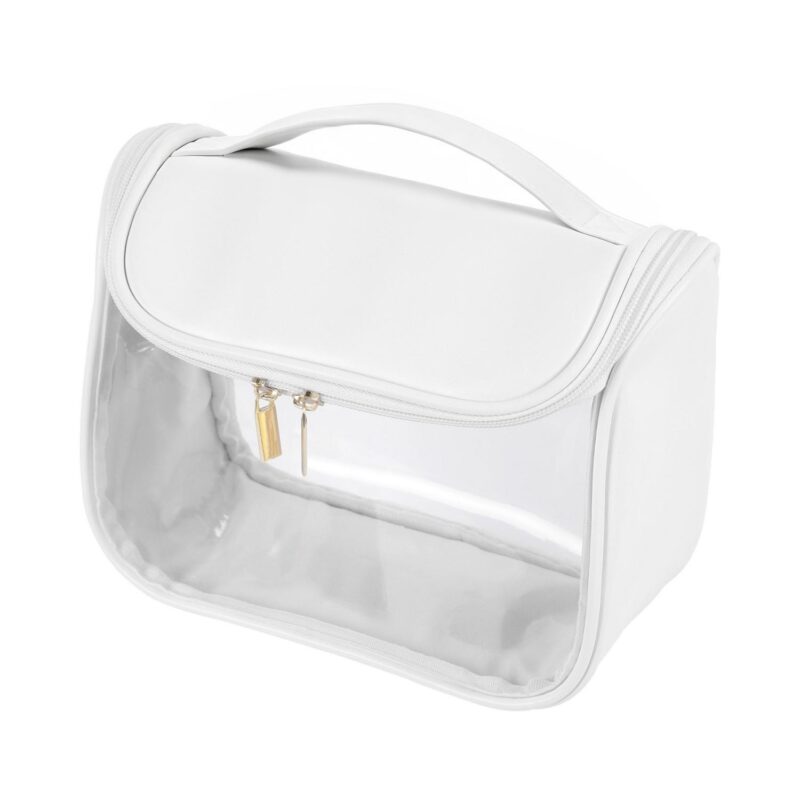 Custom Clear PVC Hanging Toiletry Bag with PU Leather Sides and Flap - 4
