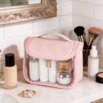 Custom Clear PVC Hanging Toiletry Bag with PU Leather Sides and Flap - 5