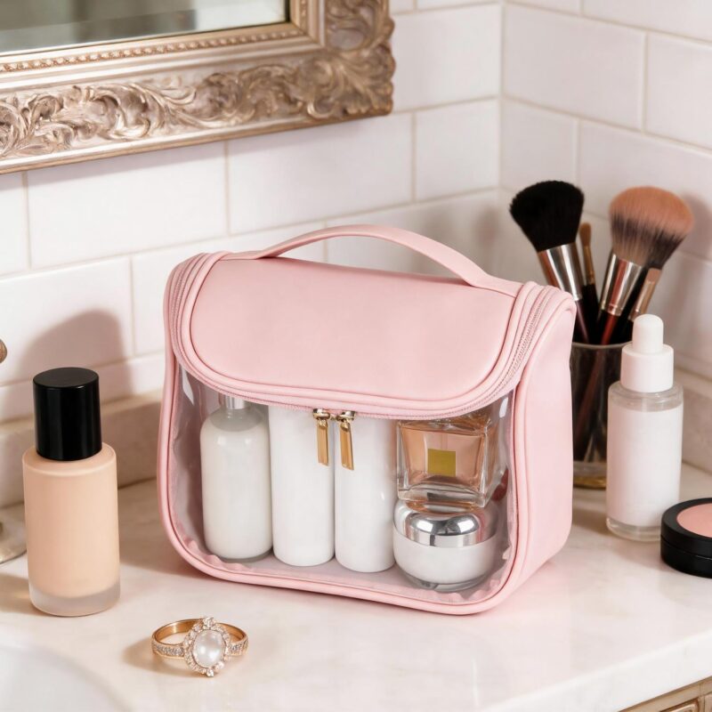 Custom Clear PVC Hanging Toiletry Bag with PU Leather Sides and Flap - 5