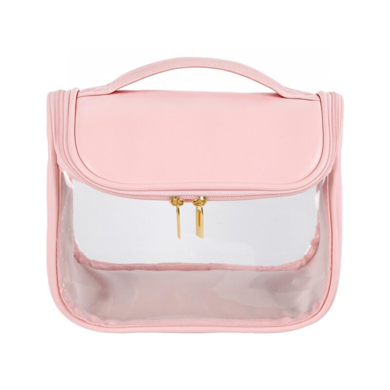 Custom Clear PVC Hanging Toiletry Bag with PU Leather Sides and Flap - 6