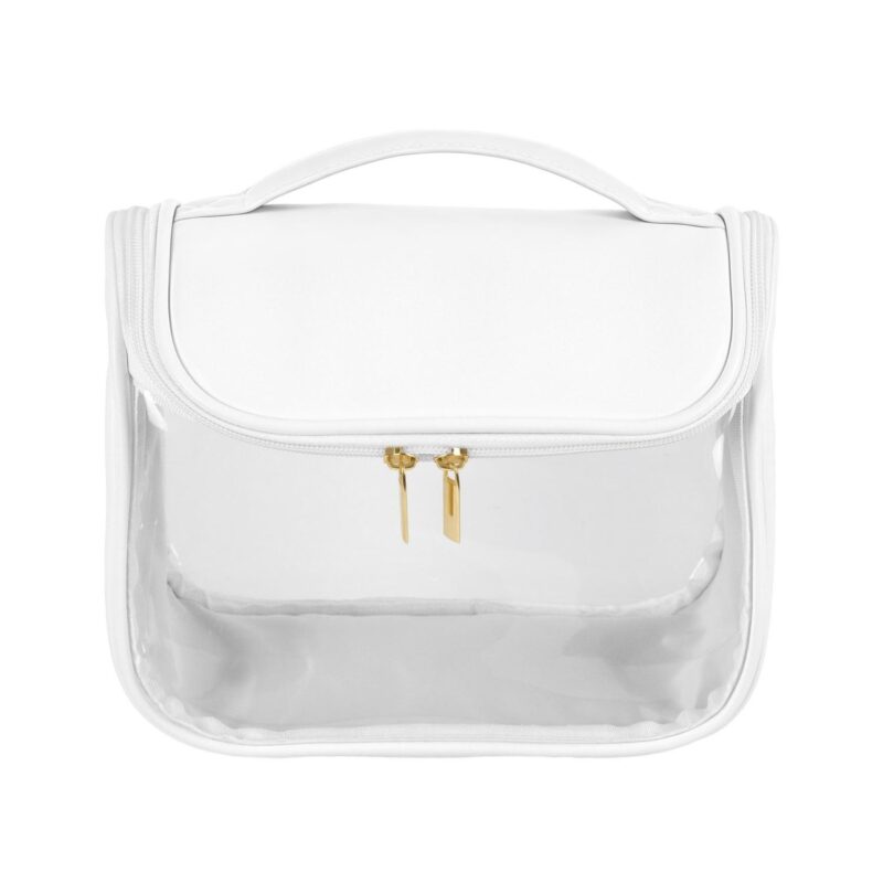 Custom Clear PVC Hanging Toiletry Bag with PU Leather Sides and Flap - 7