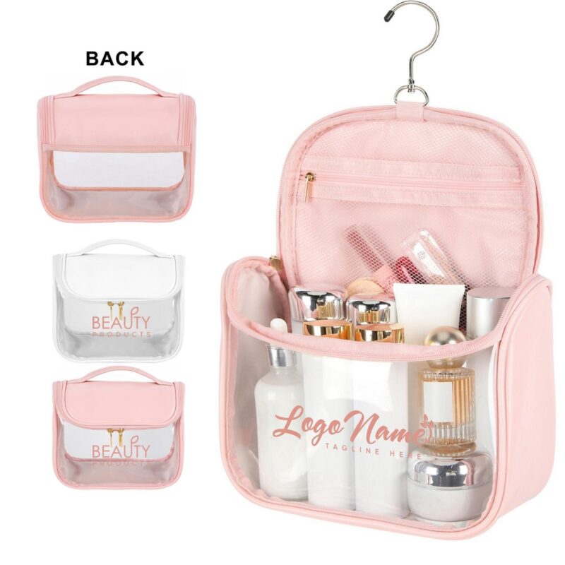 Custom Clear PVC Hanging Toiletry Bag with PU Leather Sides and Flap