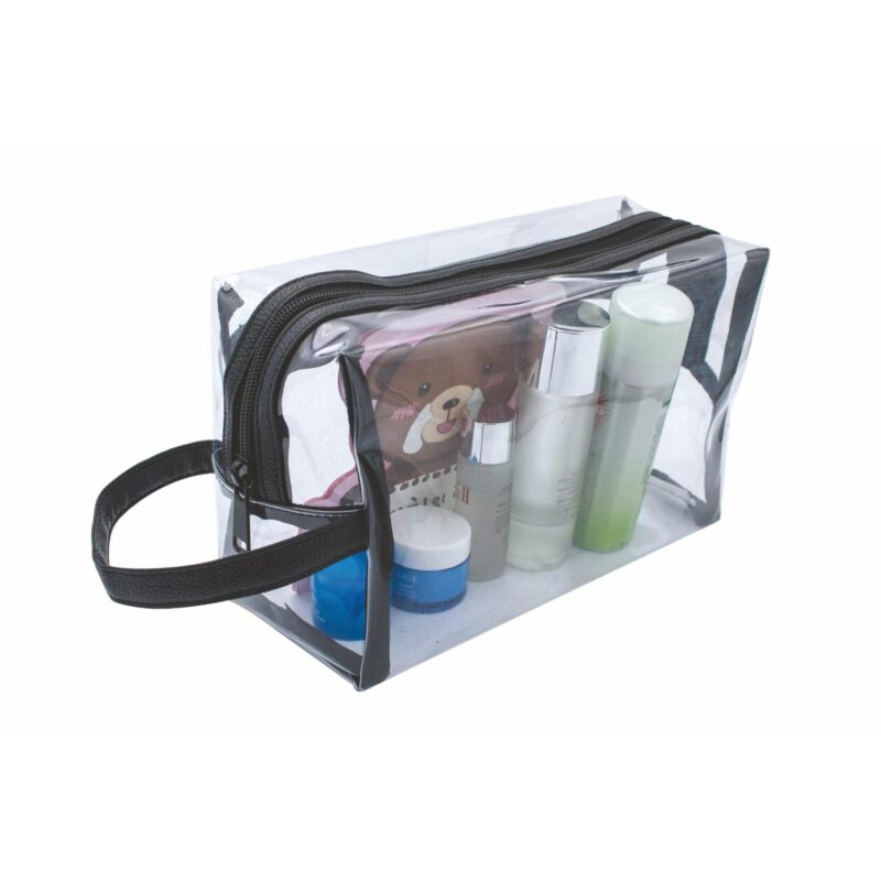 Custom Clear Vinyl Toiletry Bag w/ Leatherette Accent - 1