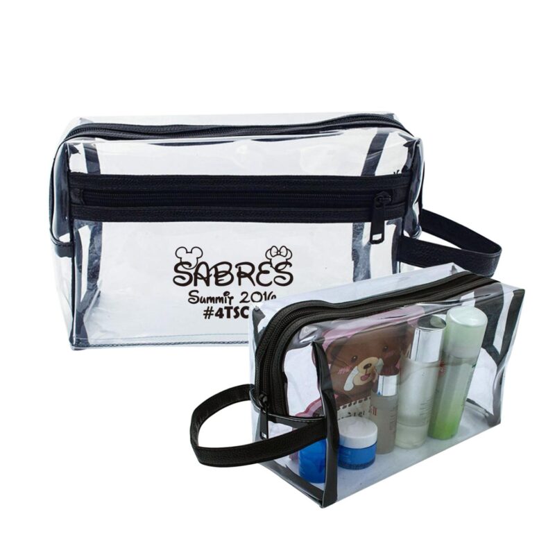 Custom Clear Vinyl Toiletry Bag w/ Leatherette Accent - 1