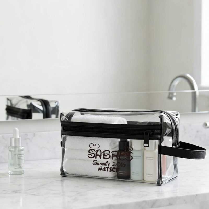 Custom Clear Vinyl Toiletry Bag w/ Leatherette Accent