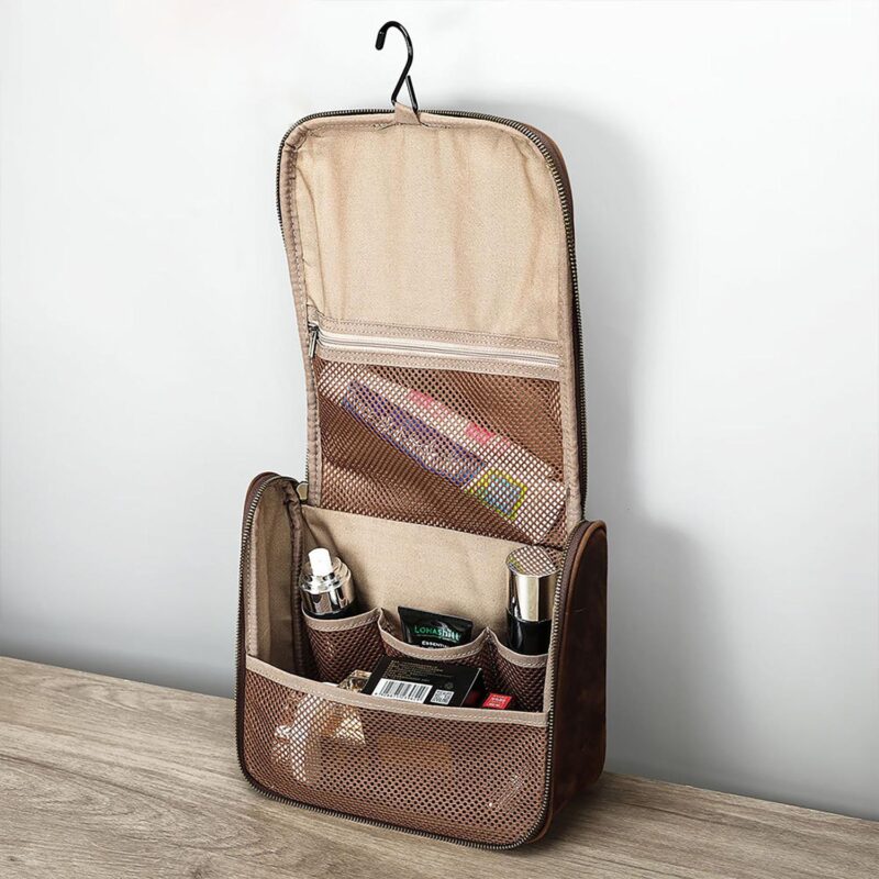 Custom Genuine Leather Hanging Travel Toiletry Bag for Men Women - 7