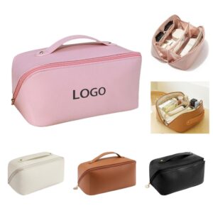 Custom Large Capacity Pu Leather Partitioned Toiletry Bag