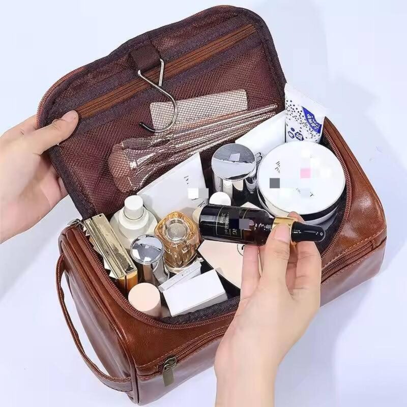 Custom Leather Dopp Kit Toiletry Bag for Men Women Hanging Travel Cosmetic Organizer Large Traveling Makeup - 2