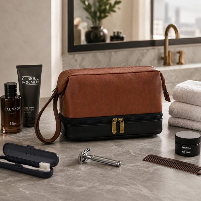 Custom Leather Double Layer Men's Toiletry Bag - 4