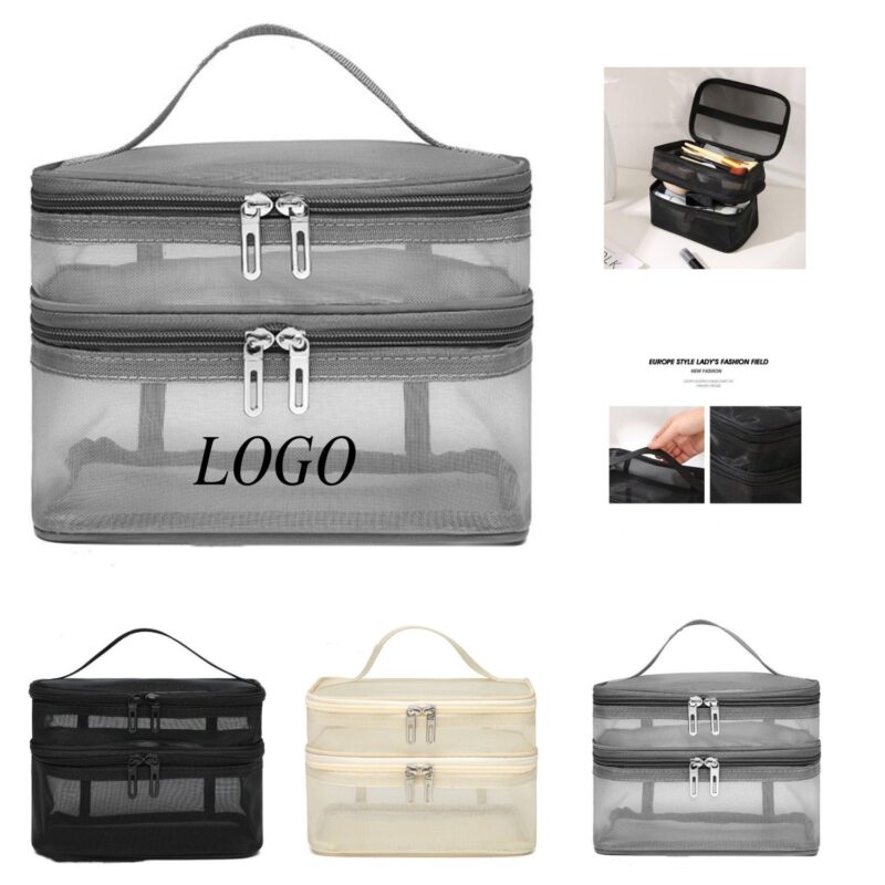 Custom Nylon Mesh Double Layer Toiletry Bag Large Capacity Travel Cosmetic Organizer