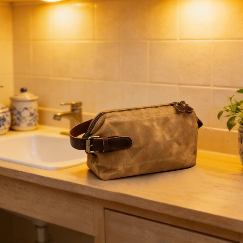 Custom Portable Waxed Canvas Travel Toiletry Bag W/ Handle - 4