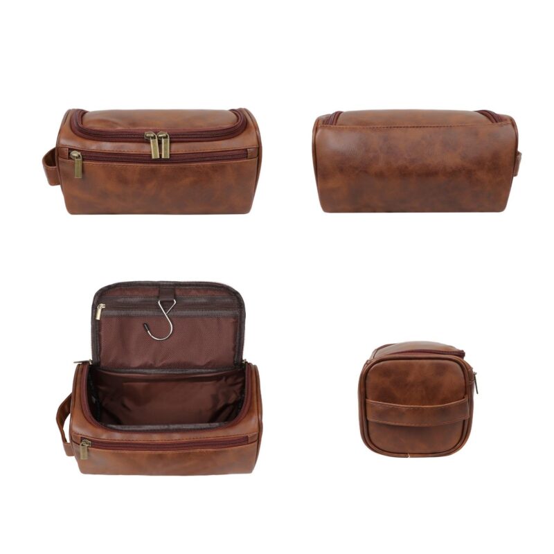Custom Premium Leather Travel Toiletry Bag W/ Hanging Hook - 1