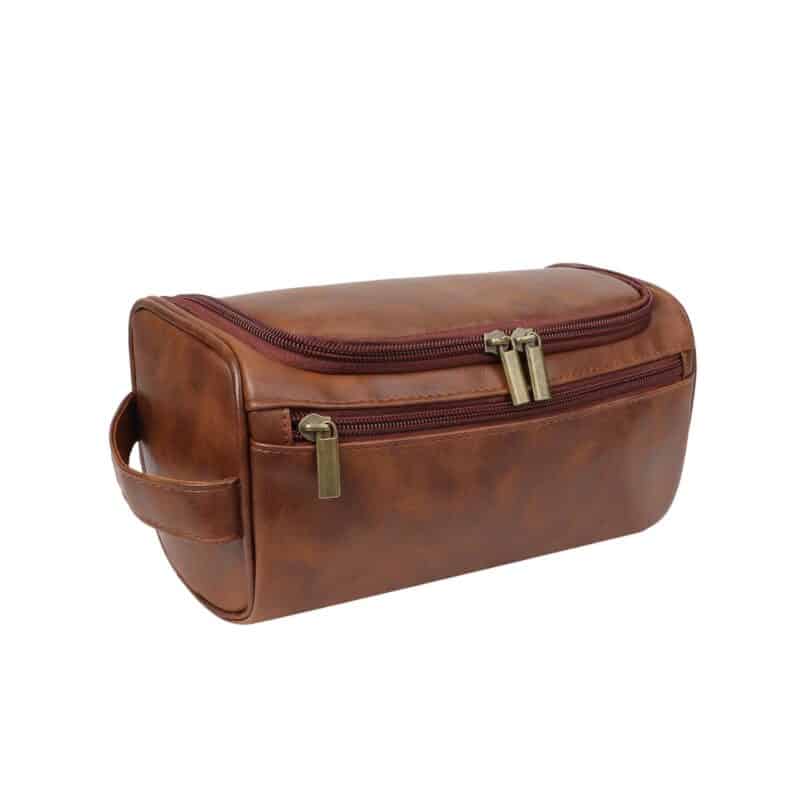Custom Premium Leather Travel Toiletry Bag W/ Hanging Hook - 4