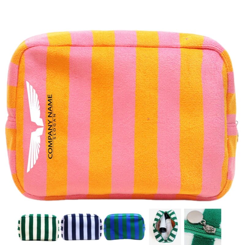 Custom Striped Terry Cloth Toiletry Bag with Zipper Closure