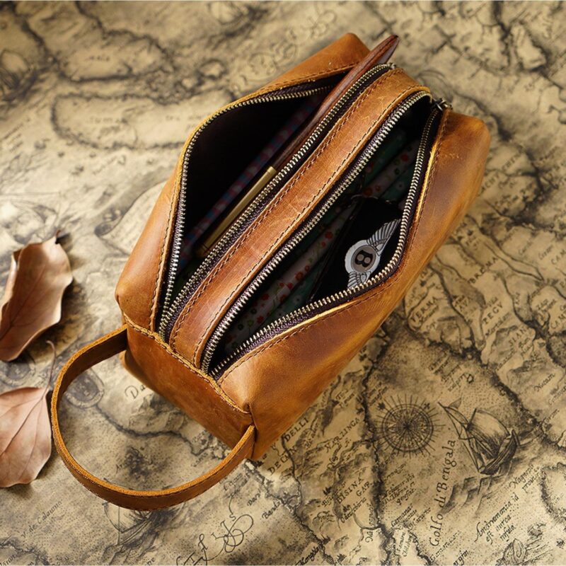 Custom Vintage Crazy Horse Leather Dual-Zipper Organizer & Dopp Kit - 4