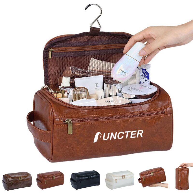 Custom Vintage PU Leather Hanging Toiletry Bag